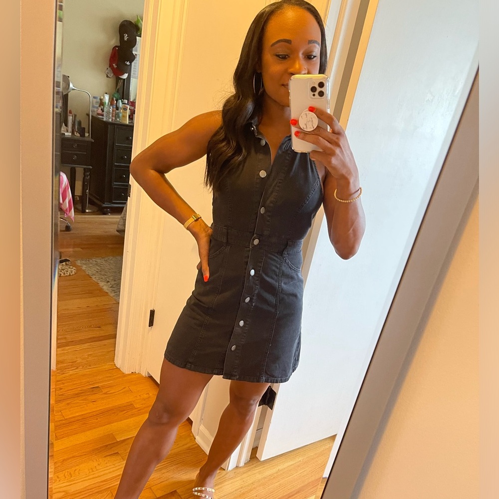 Black Denim Button-Down Mini Halter Dress